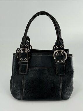 Tignanello Satchel Black Pebbled Leather with Silver Buckle Accents